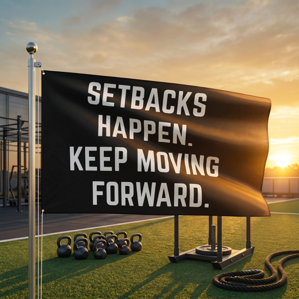 Setbacks Happen. Keep Moving Forward. | Motivational Gym Flag for Home & Garage Gyms