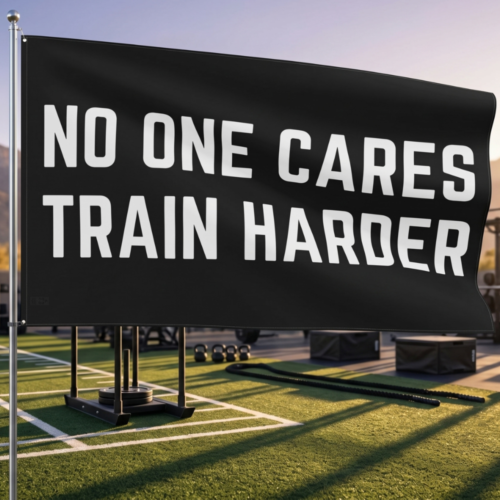 No One Cares. Train Harder | Motivational Gym Flag for Home & Garage Gyms