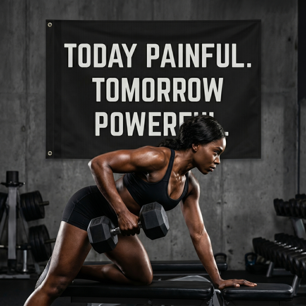 Today Painful. Tomorrow Powerful. | Motivational Gym Flag for Home & Garage Gyms
