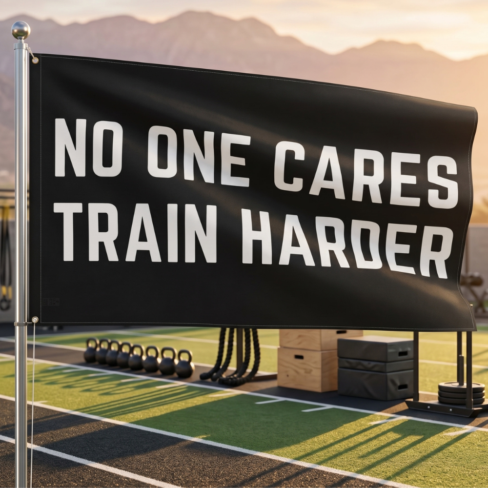 No One Cares. Train Harder | Motivational Gym Flag for Home & Garage Gyms