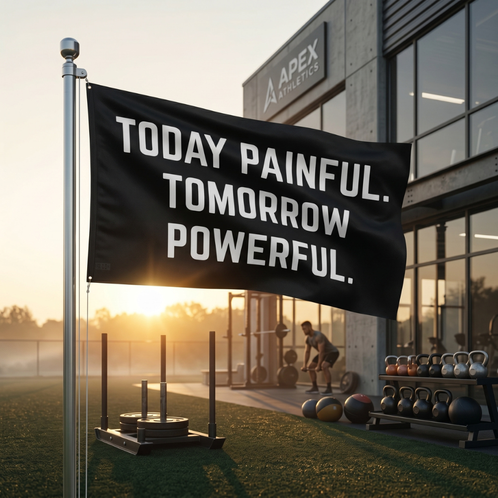 Today Painful. Tomorrow Powerful. | Motivational Gym Flag for Home & Garage Gyms