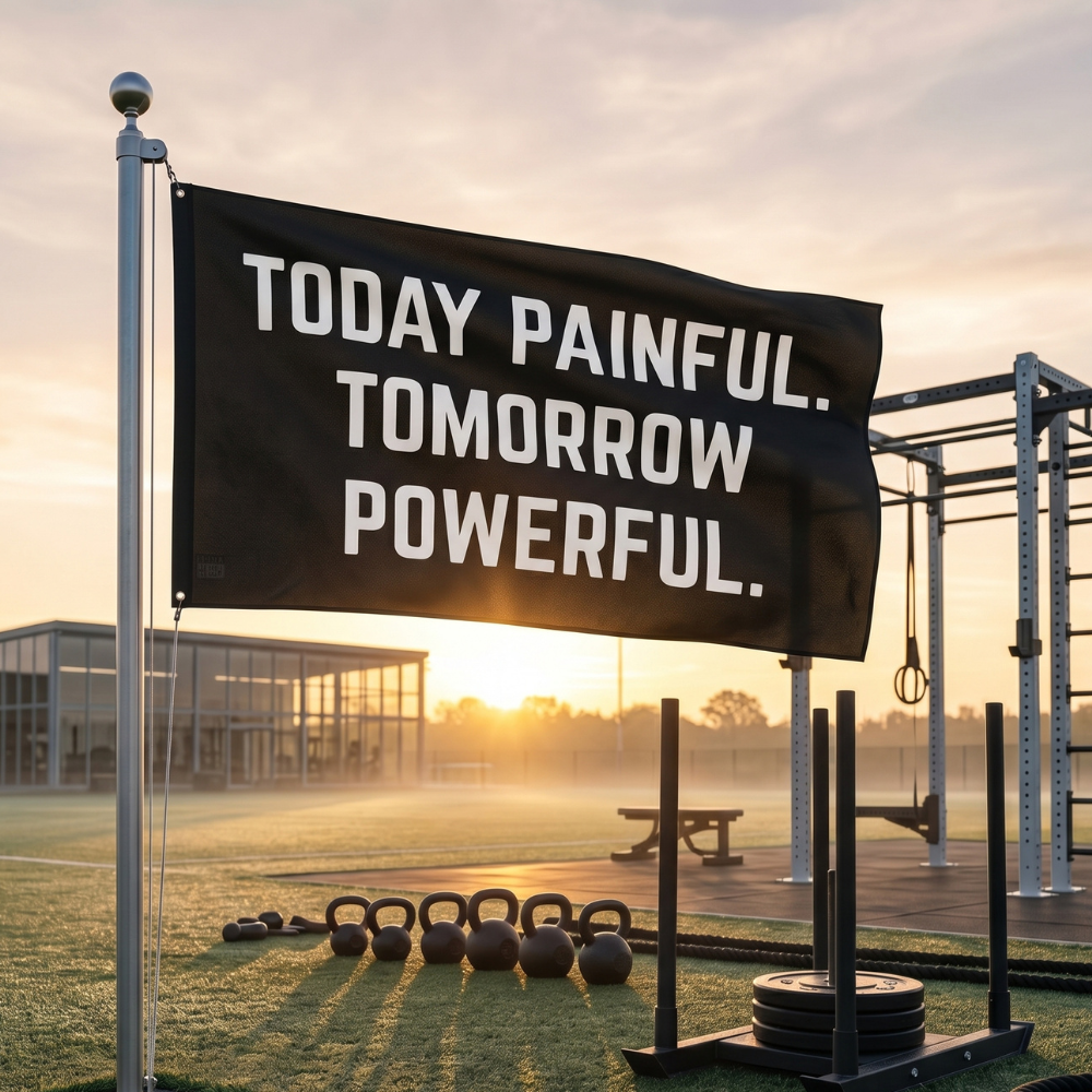 Today Painful. Tomorrow Powerful. | Motivational Gym Flag for Home & Garage Gyms