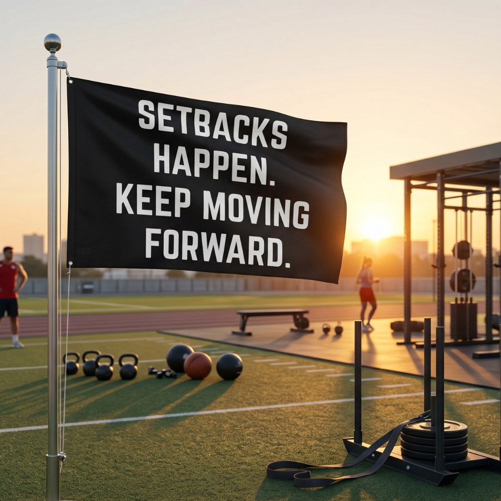Setbacks Happen. Keep Moving Forward. | Motivational Gym Flag for Home & Garage Gyms