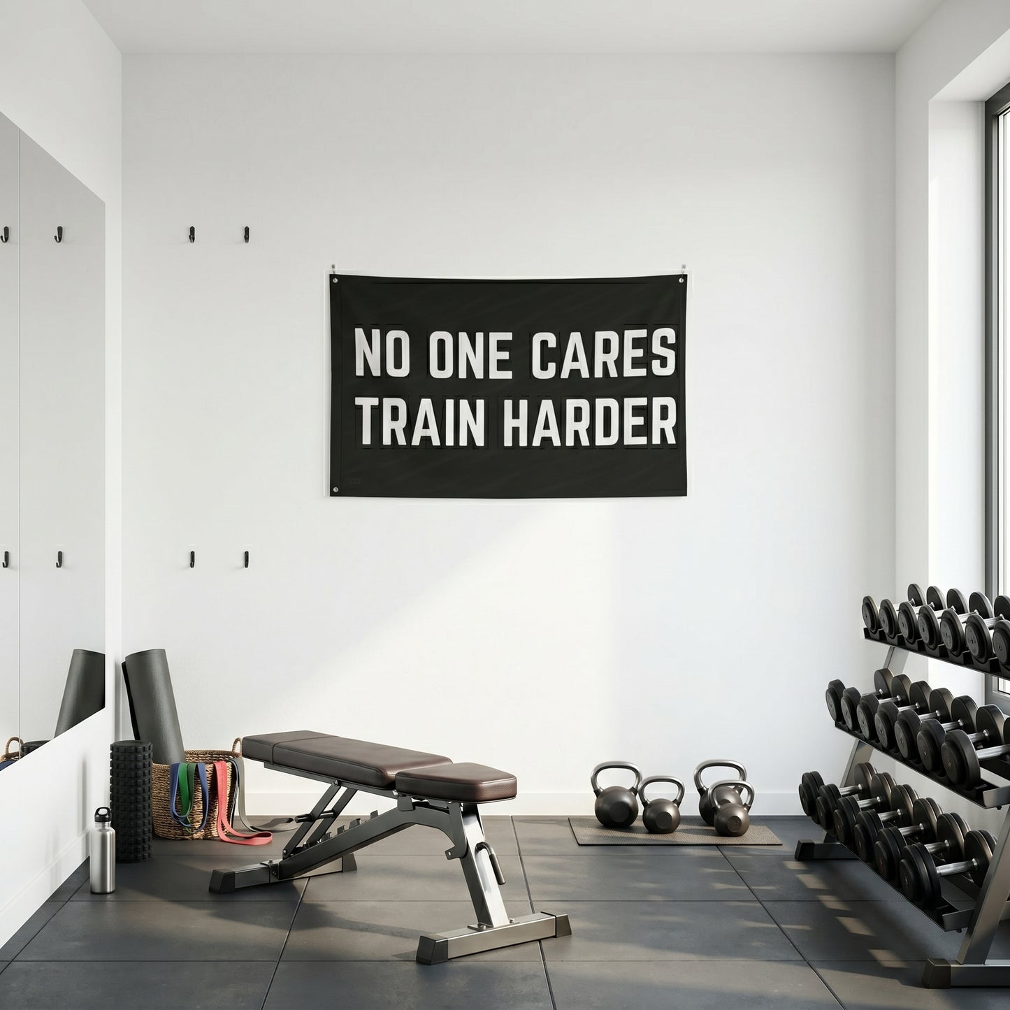 No One Cares. Train Harder | Motivational Gym Flag for Home & Garage Gyms