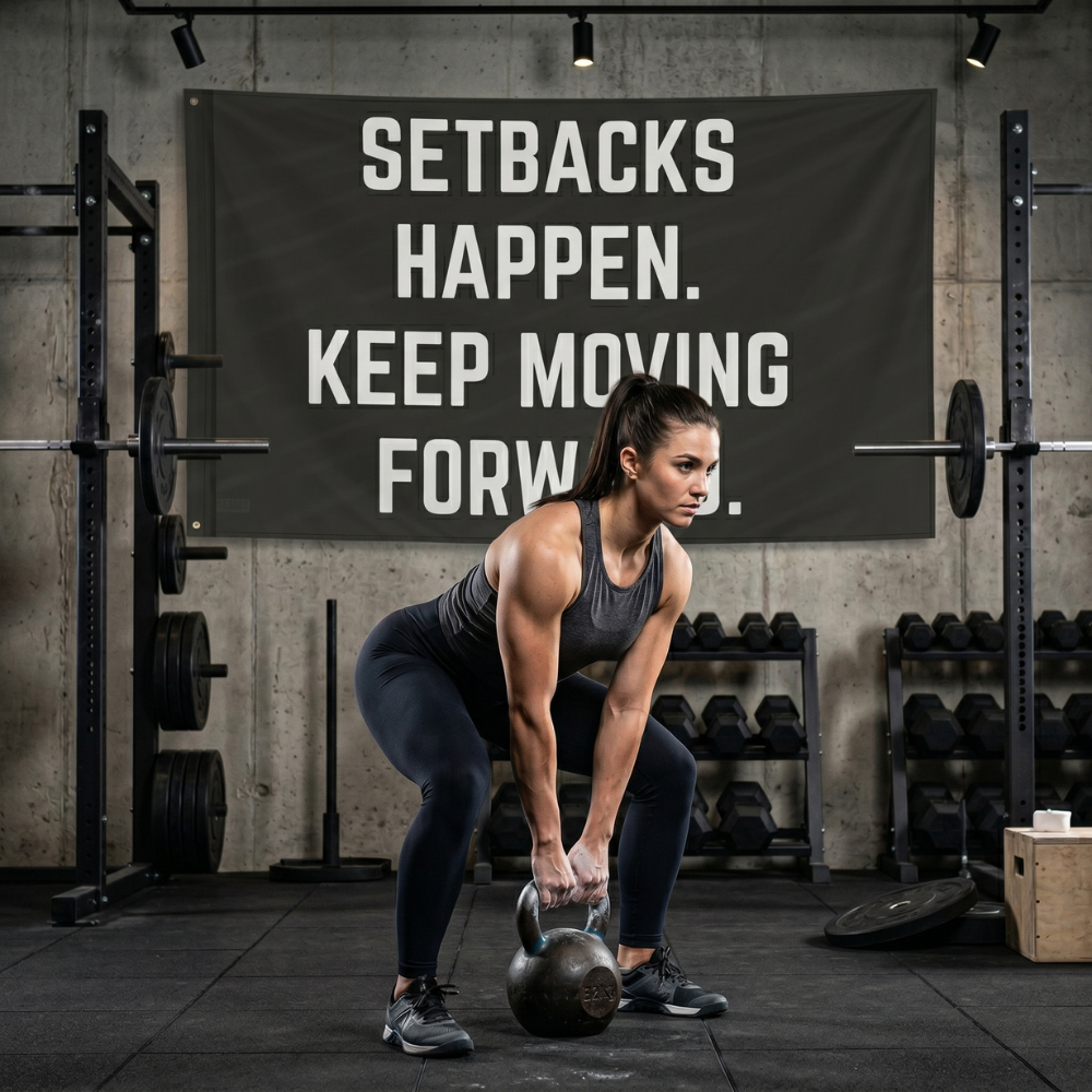 Setbacks Happen. Keep Moving Forward. | Motivational Gym Flag for Home & Garage Gyms