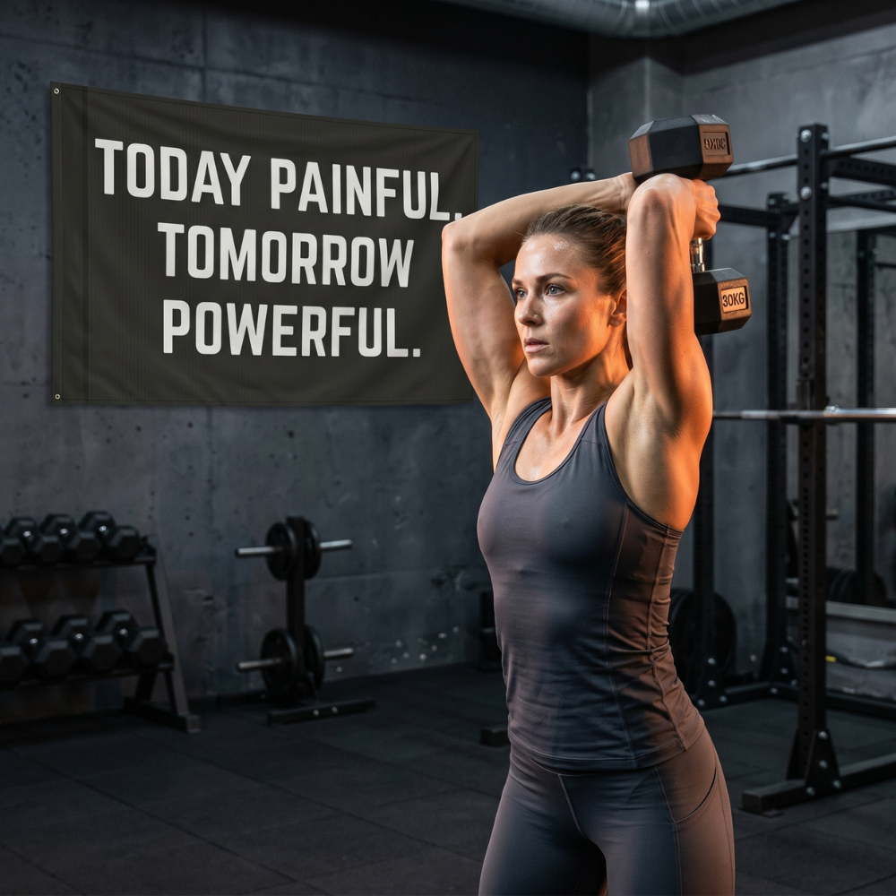 Today Painful. Tomorrow Powerful. | Motivational Gym Flag for Home & Garage Gyms